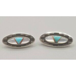 Teme Sterling 925 Inlayed Stones Ethnic Native American Acoma Earrings Signed